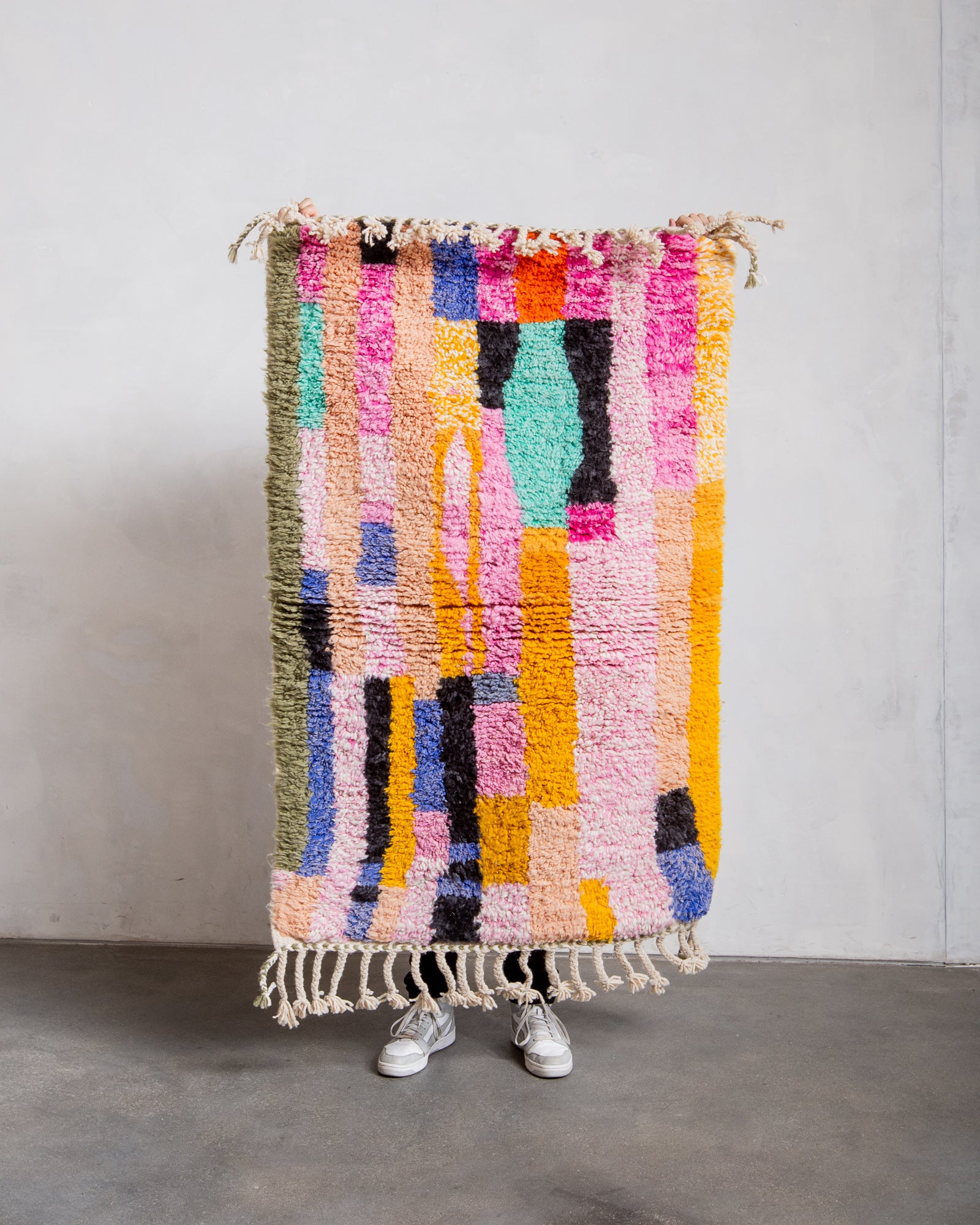 Modern, designer, handcrafted Berber rug from Morocco. Beniourain carpet with beautiful colours and patterns and fluffy wool texture.
